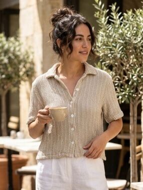 Zara Beige Open Knit Short Sleeve Button Up Cardigan Top Size M⁠